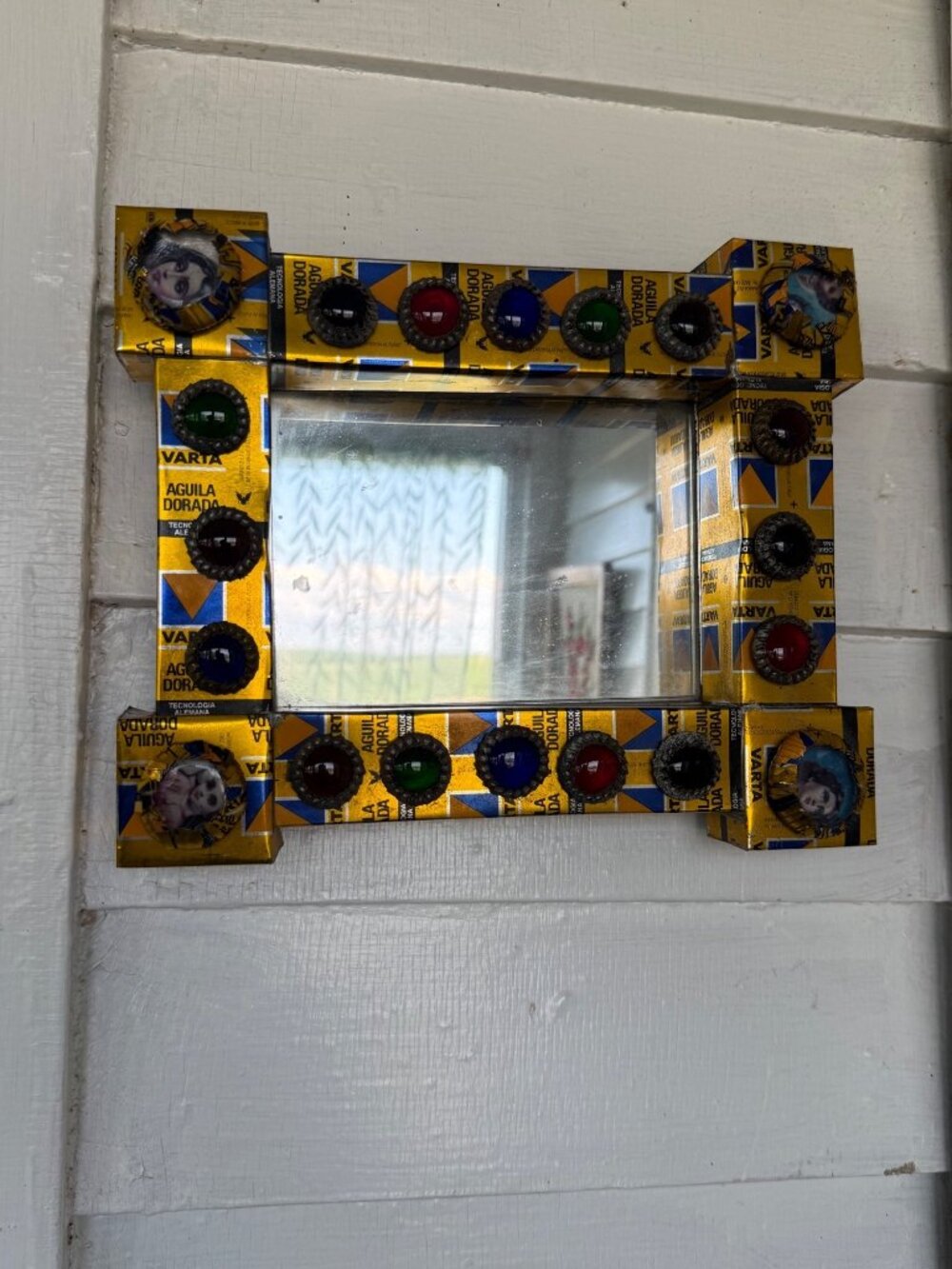 Vintage 70's Mexican Tin Folk Art Shadowbox Wall Mirror Glass Cabs 11x9"